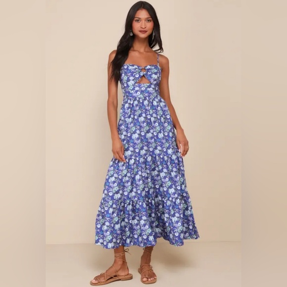FORE Dresses & Skirts - Summer Design Blue Floral Cutout O-Ring Tiered Maxi Dress